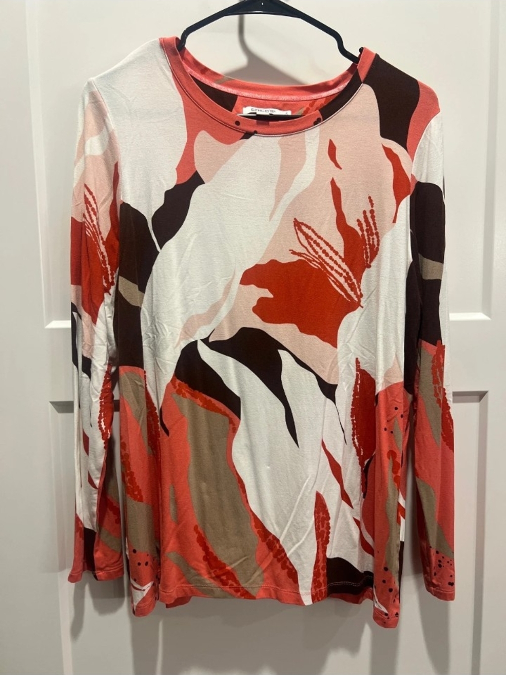 Chico's Coral, White and Tan Abstract Long-Sleeve Tee